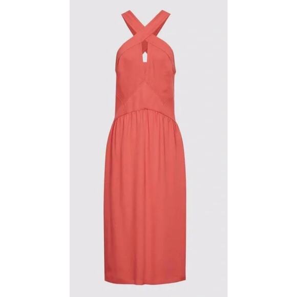 Reiss Orla Cross Front Halter Neck Midi Dress in Coral Pockets Size 10 - Picture 5 of 12